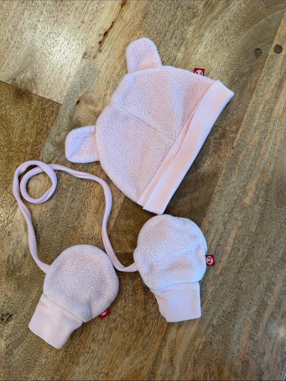 Baby Pink Bear Ear Fleece Hat with Matching Mittens